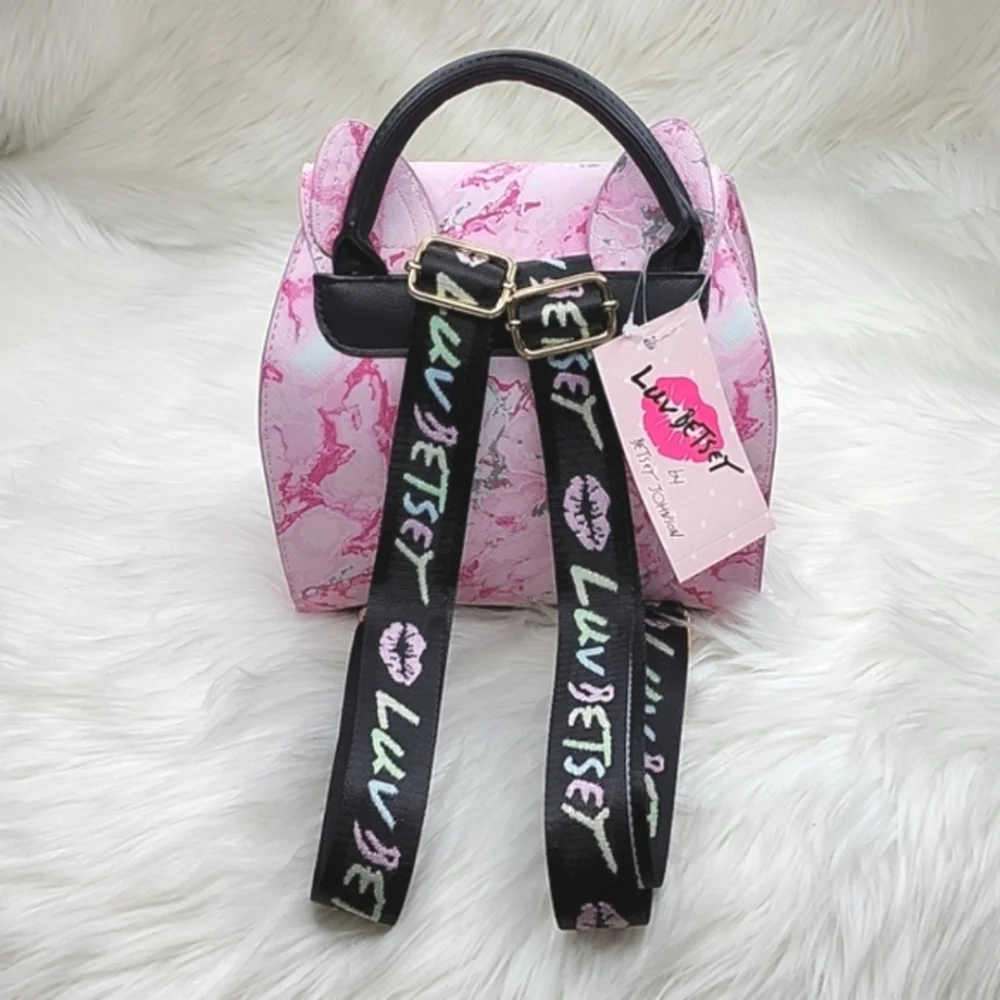 Betsey Johnson Pink Marbled Cat Design Backpack Purse